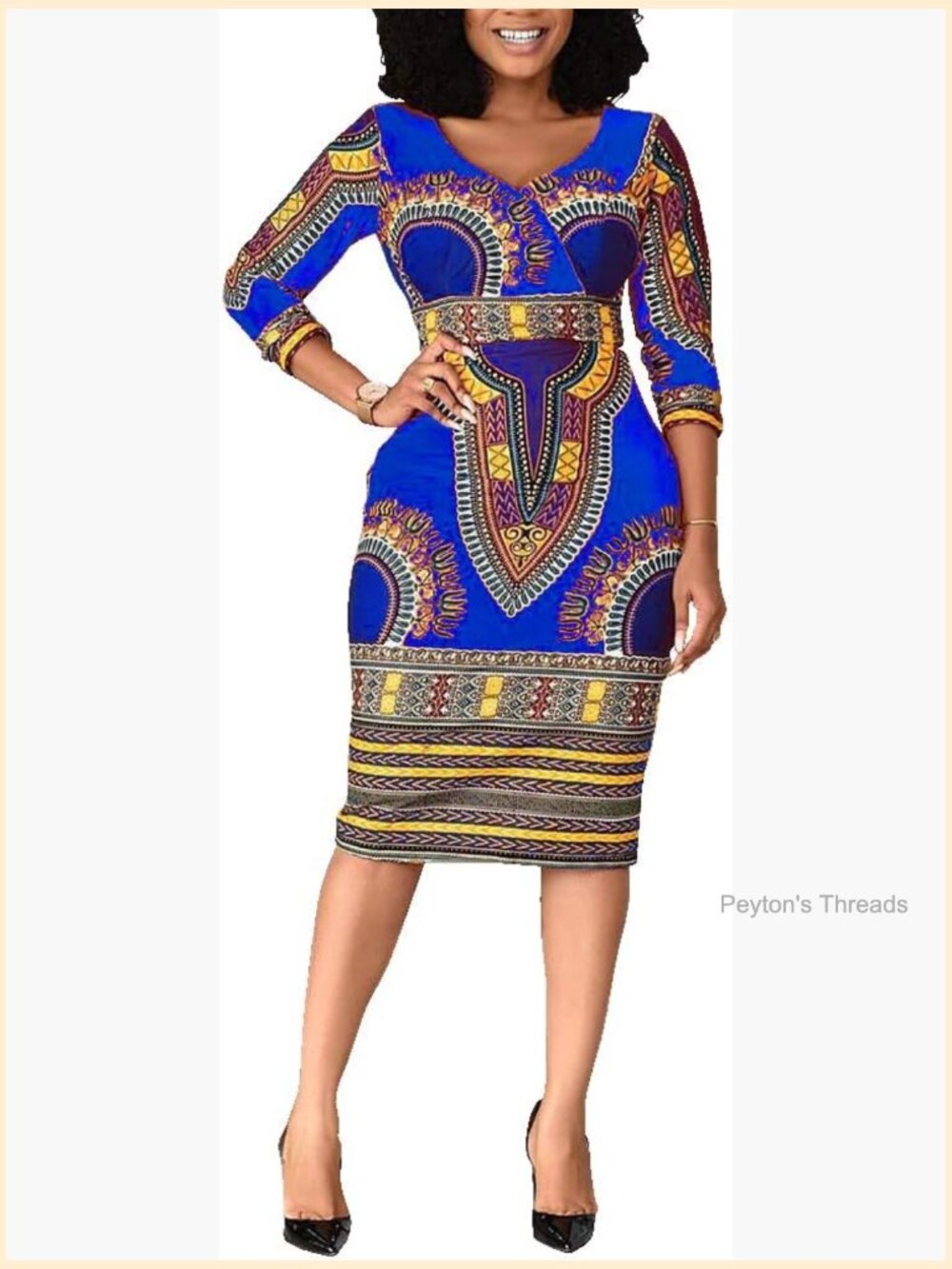 Bodycon Midi Dress with V-Neck and Three Quarter Sleeves